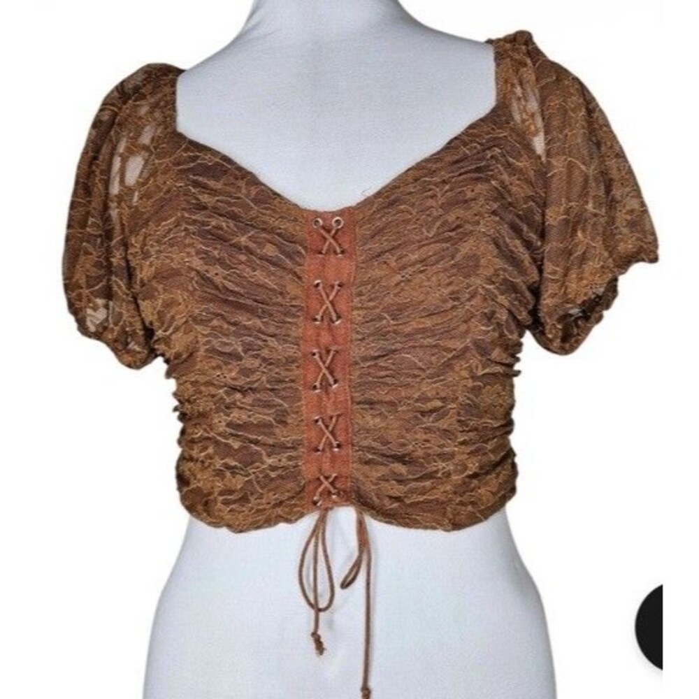 Meraki Brown Boho Lace Up Puff Sleeve Crop Peasant Top Sz L Festival Cottagecore